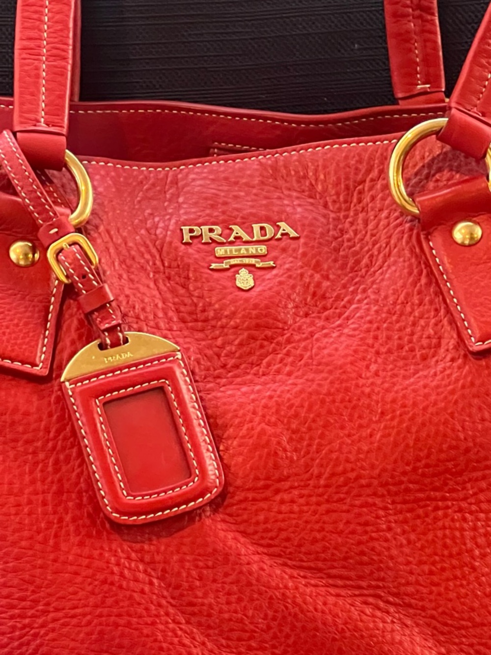 Prada Red Pebbled Leather Tote with Gold Hardware - Picture 4 of 16